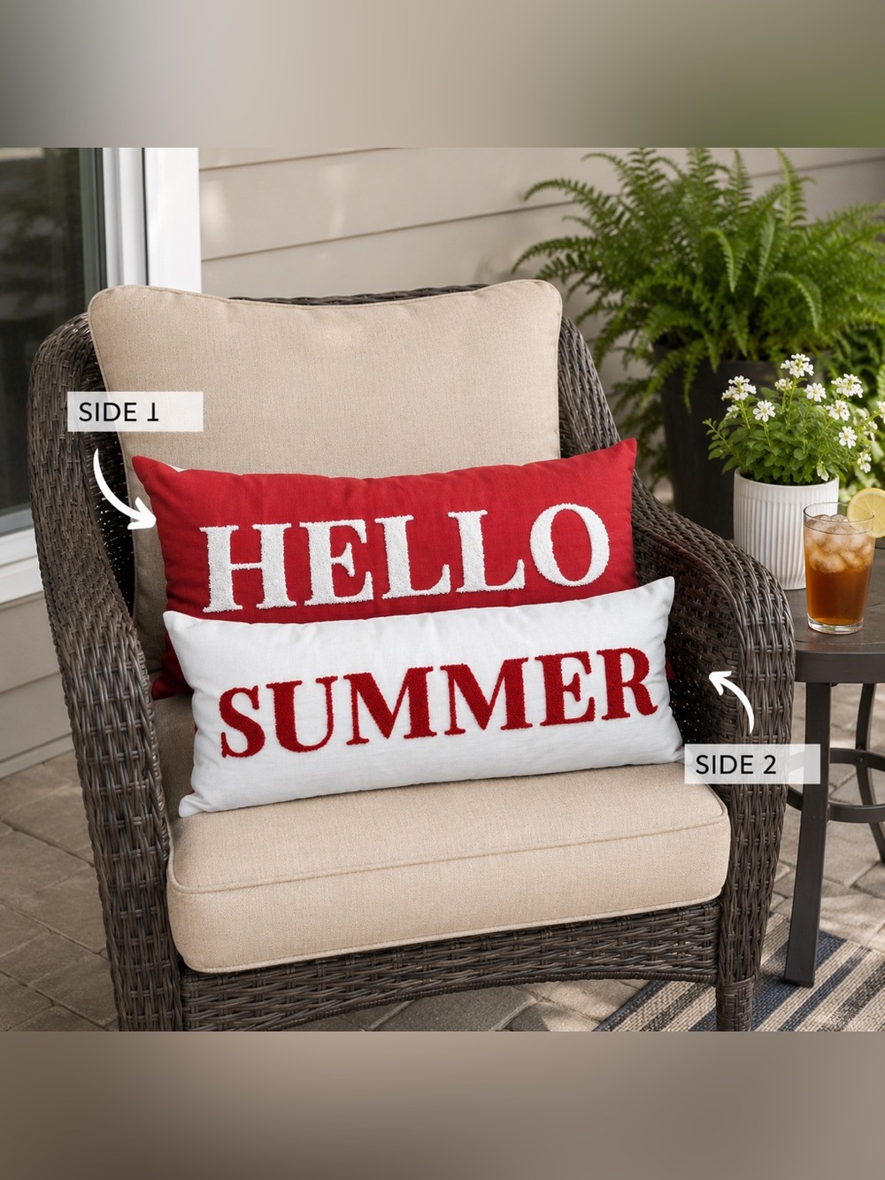 Double-Sided “HELLO / SUMMER” Outdoor Lumbar Pillow Red & White Patio Accent